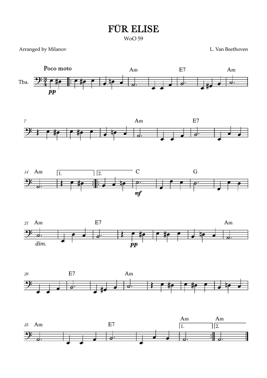 Fur Elise | WoO 59 | Beethoven | tuba | intermediate | chords Tuba scores gallery preview page 1