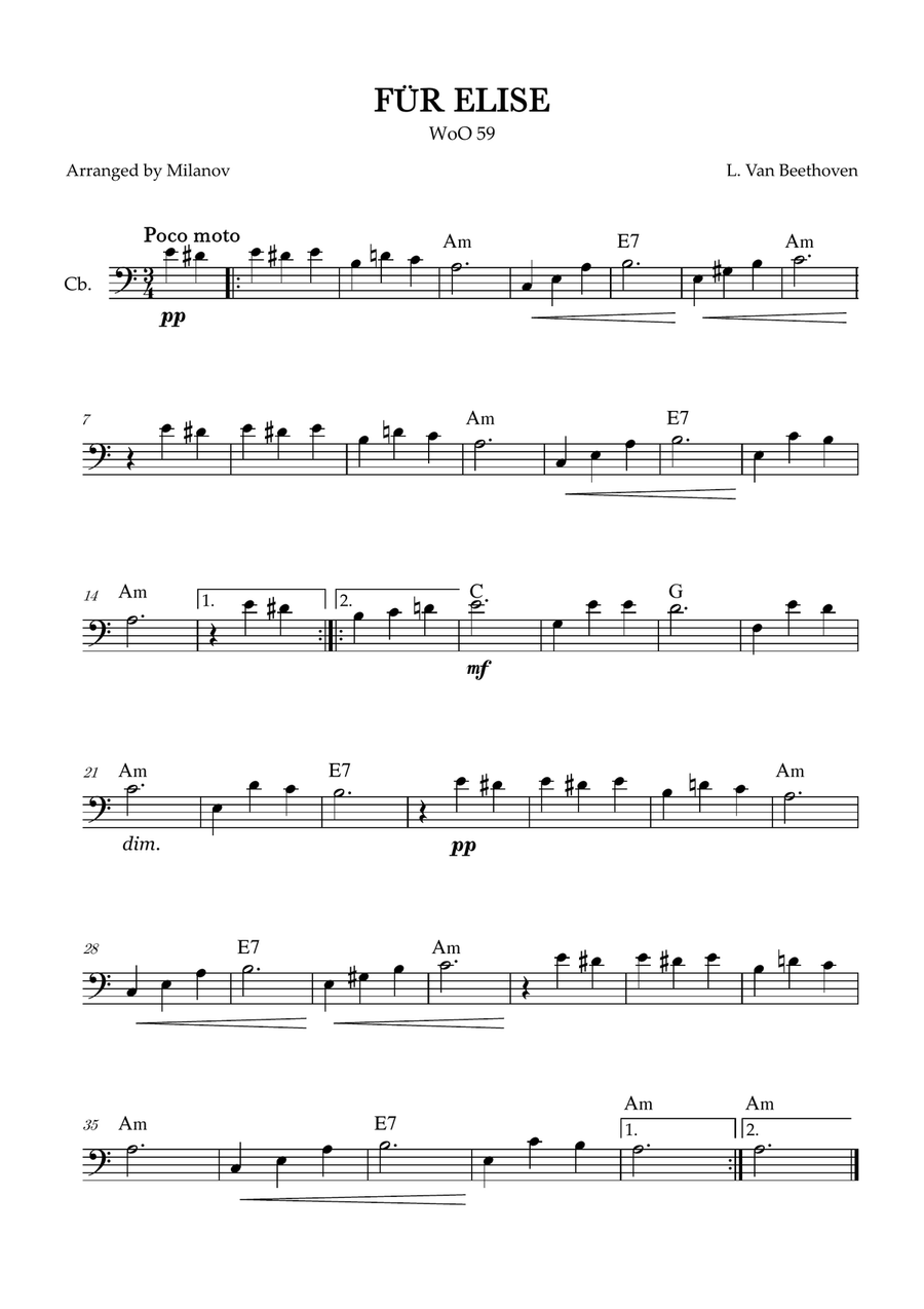 Fur Elise | WoO 59 | Beethoven | contrabass | intermediate | chords Double Bass scores gallery preview page 1