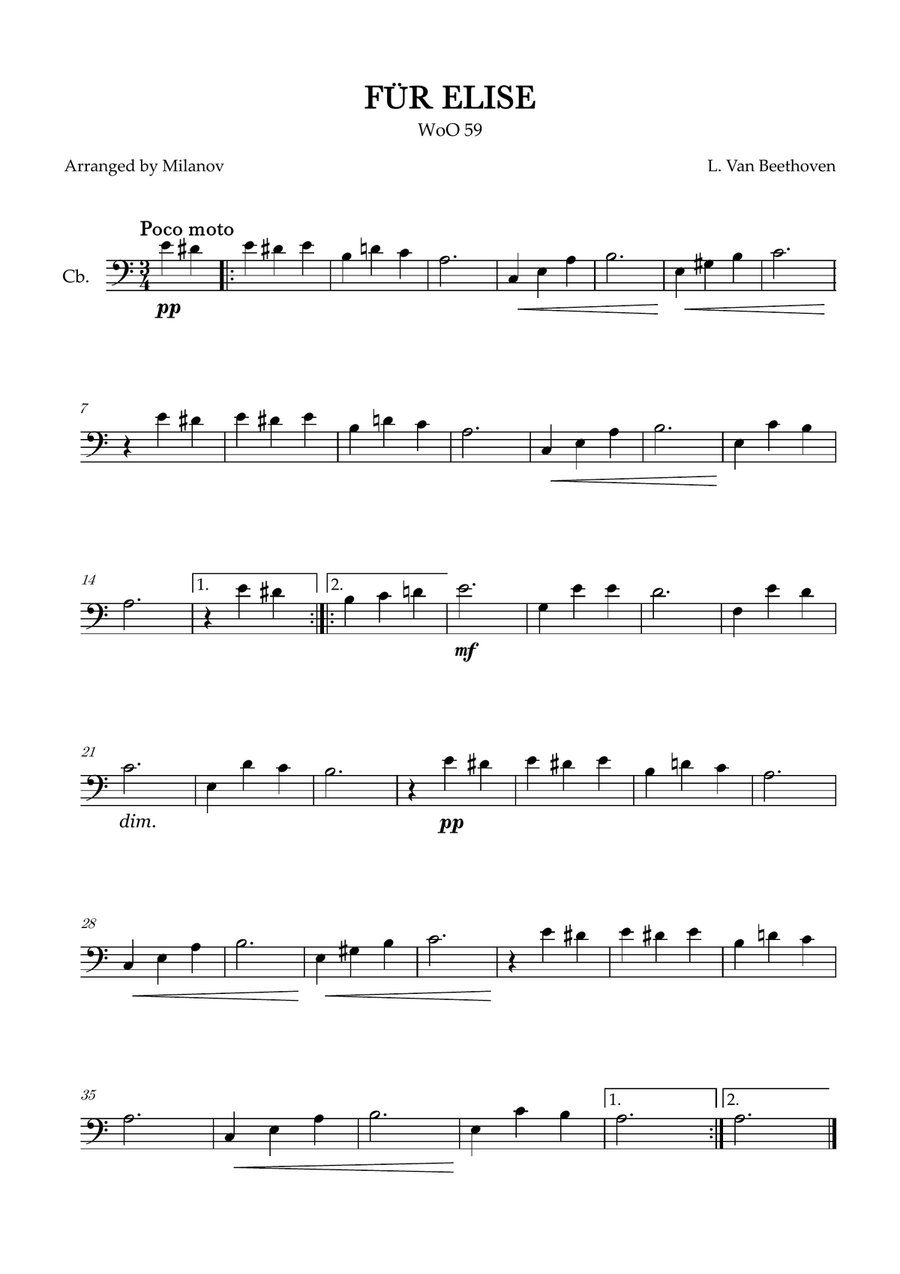 Fur Elise | WoO 59 | Beethoven | contrabass | intermediate Double Bass scores gallery preview page 1