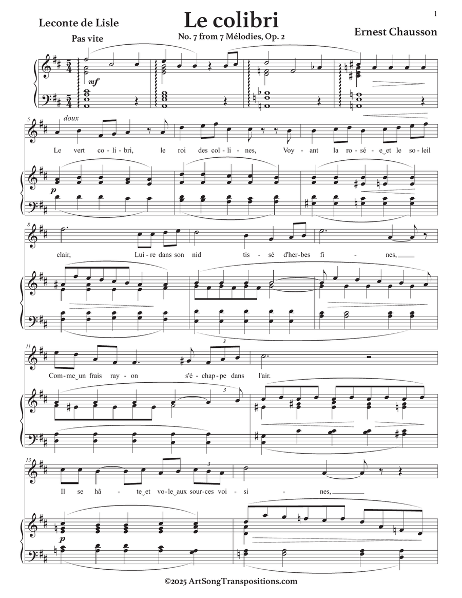 CHAUSSON: Le colibri, Op. 2 no. 7 (transposed to D major) Piano, Vocal scores gallery preview page 2