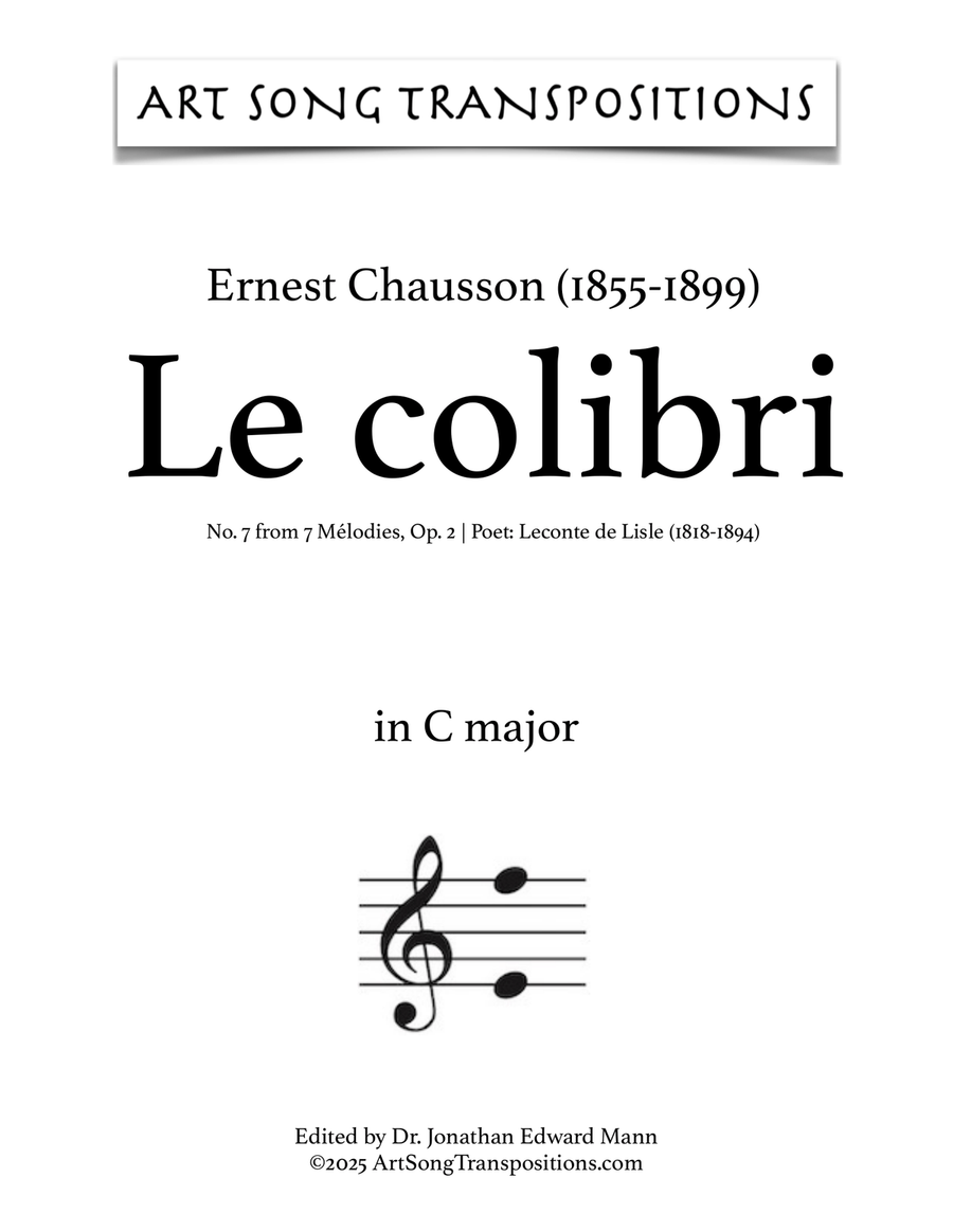 CHAUSSON: Le colibri, Op. 2 no. 7 (transposed to C major) Piano, Vocal scores gallery preview page 1