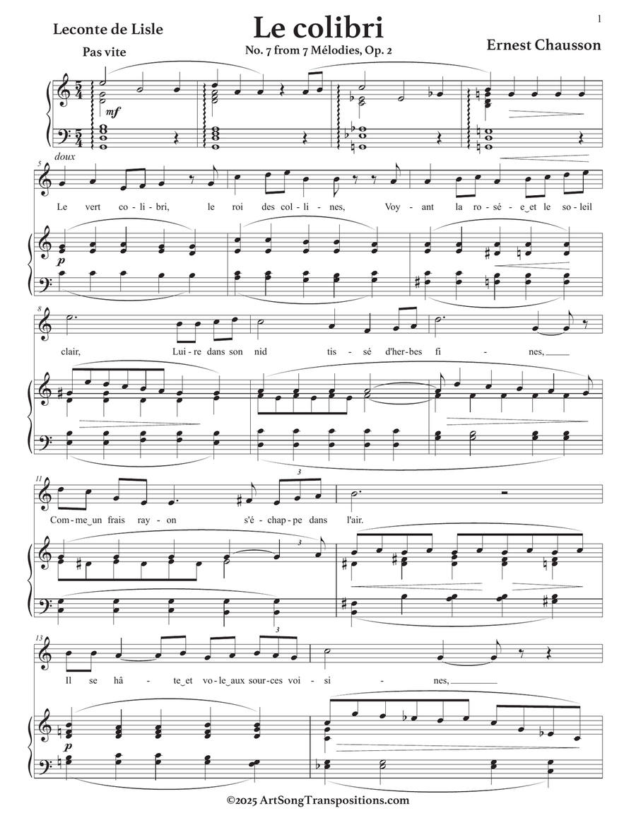 CHAUSSON: Le colibri, Op. 2 no. 7 (transposed to C major) Piano, Vocal scores gallery preview page 2