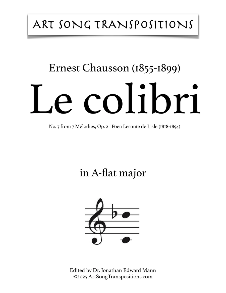CHAUSSON: Le colibri, Op. 2 no. 7 (transposed to A-flat major) Piano, Vocal scores gallery preview page 1