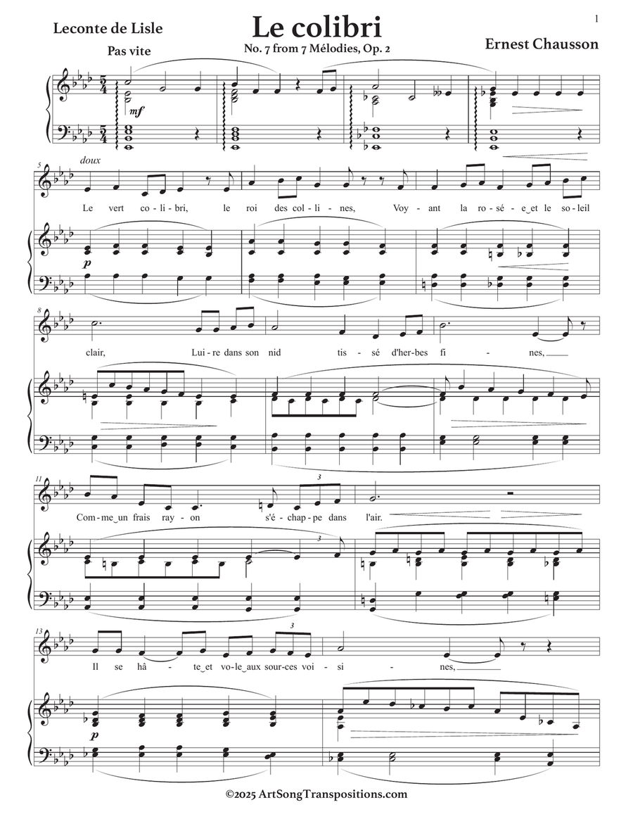 CHAUSSON: Le colibri, Op. 2 no. 7 (transposed to A-flat major) Piano, Vocal scores gallery preview page 2