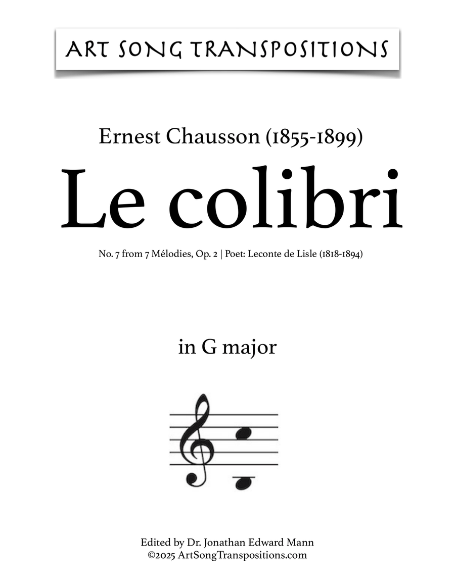 CHAUSSON: Le colibri, Op. 2 no. 7 (transposed to G major) Piano, Vocal scores gallery preview page 1