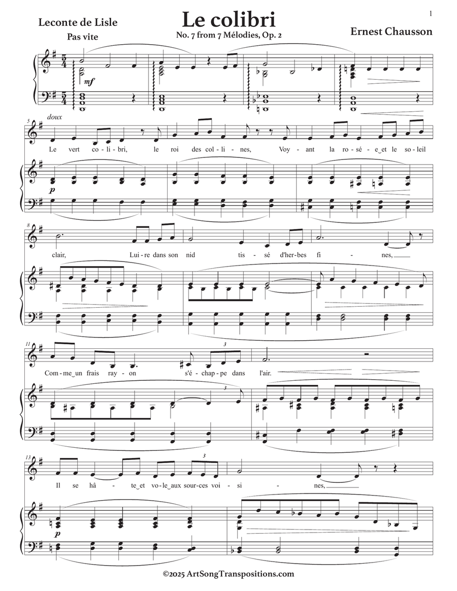 CHAUSSON: Le colibri, Op. 2 no. 7 (transposed to G major) Piano, Vocal scores gallery preview page 2