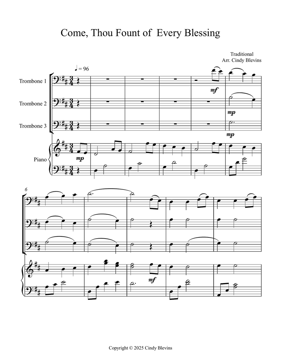 Come, Thou Fount of Every Blessing, for Three Trombones and Piano Small Ensemble scores gallery preview page 2
