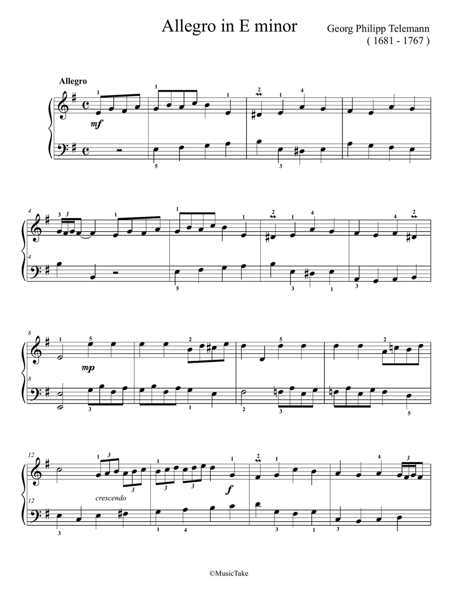 Telemann Allegro in E minor Easy Piano scores gallery preview page 1