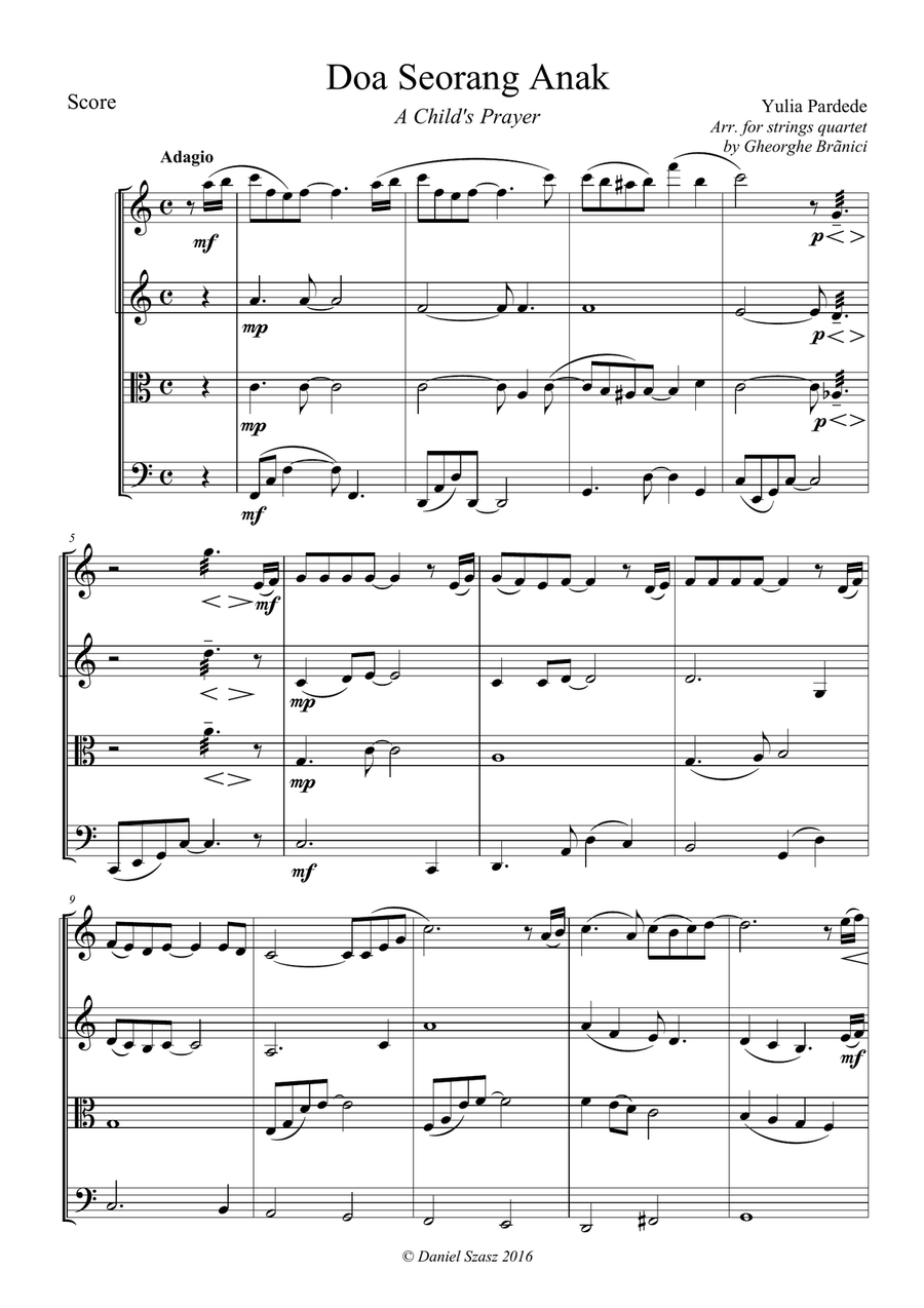 DOA SEORANG ANAK Indonesian song String Quartet scores gallery preview page 1