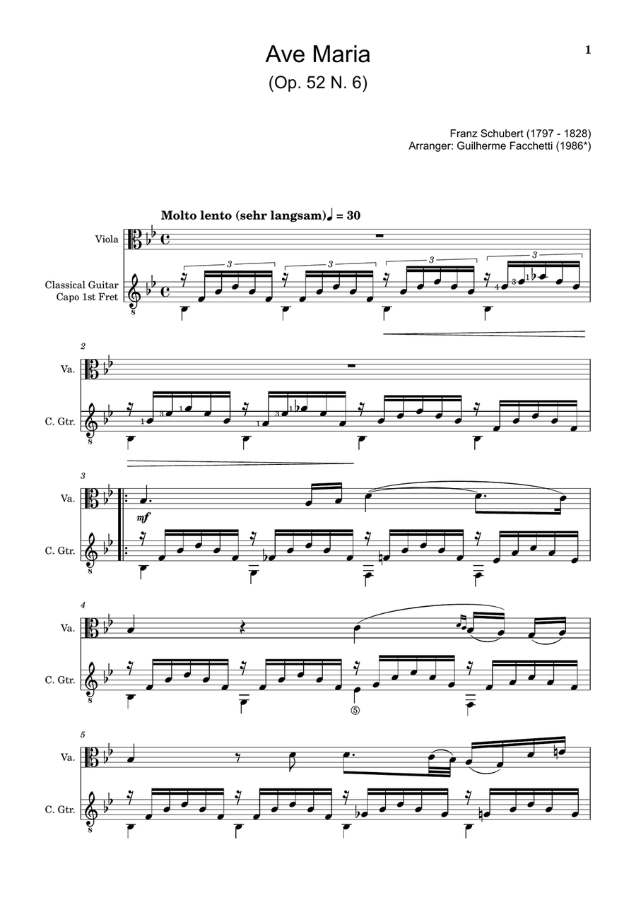 Ave Maria by F. Schubert – Arranged for Viola and Guitar String Duet scores gallery preview page 1