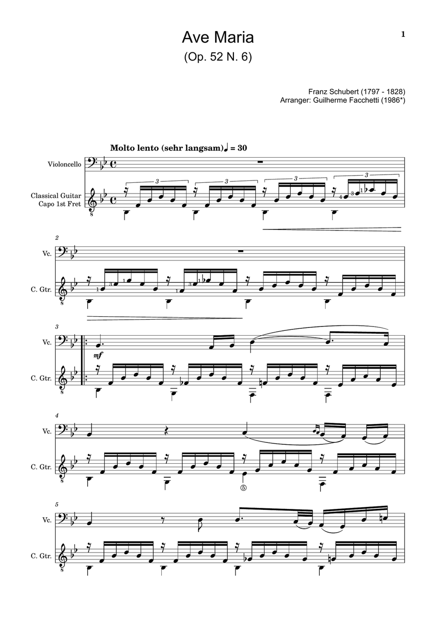Ave Maria by F. Schubert – Arranged for Cello and Guitar String Duet scores gallery preview page 1