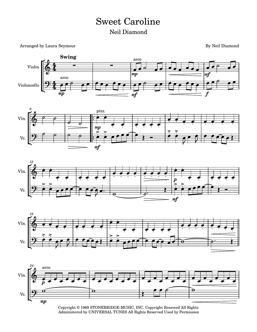 Sweet Caroline String Duet scores gallery preview page 1