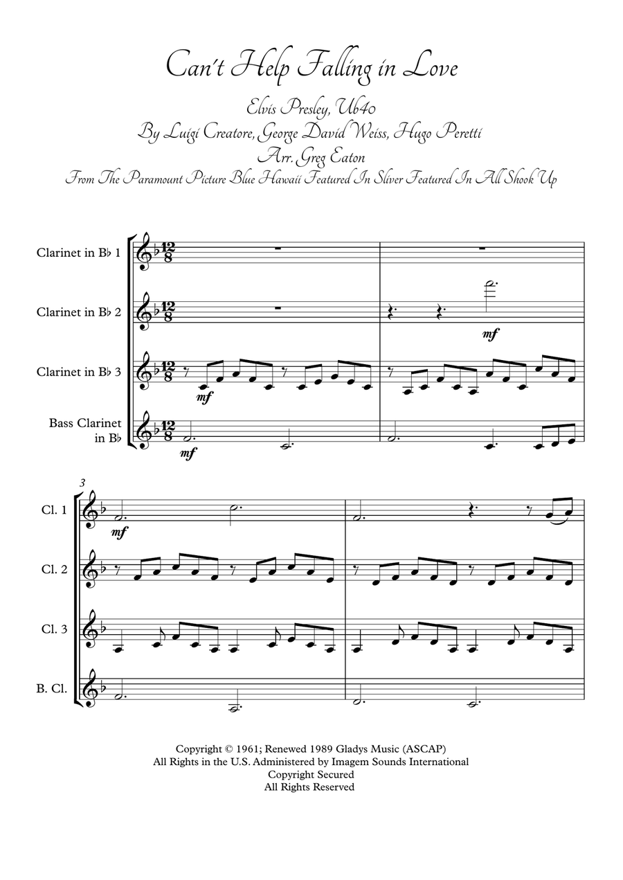 Can't Help Falling In Love Clarinet Quartet scores gallery preview page 2