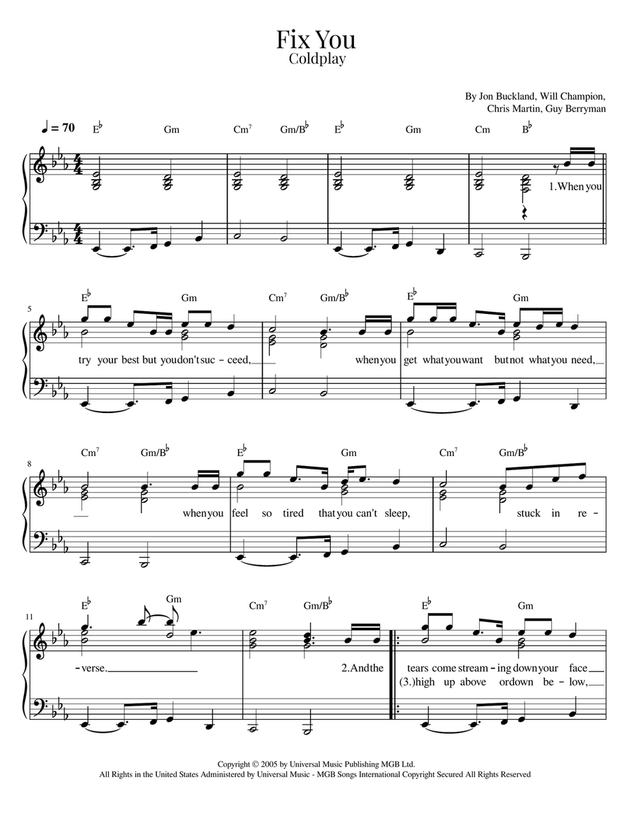Fix You Fix You Piano Solo scores gallery preview page 1