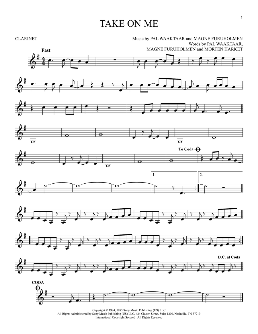 Take On Me Take On Me Clarinet Solo scores gallery preview page 1