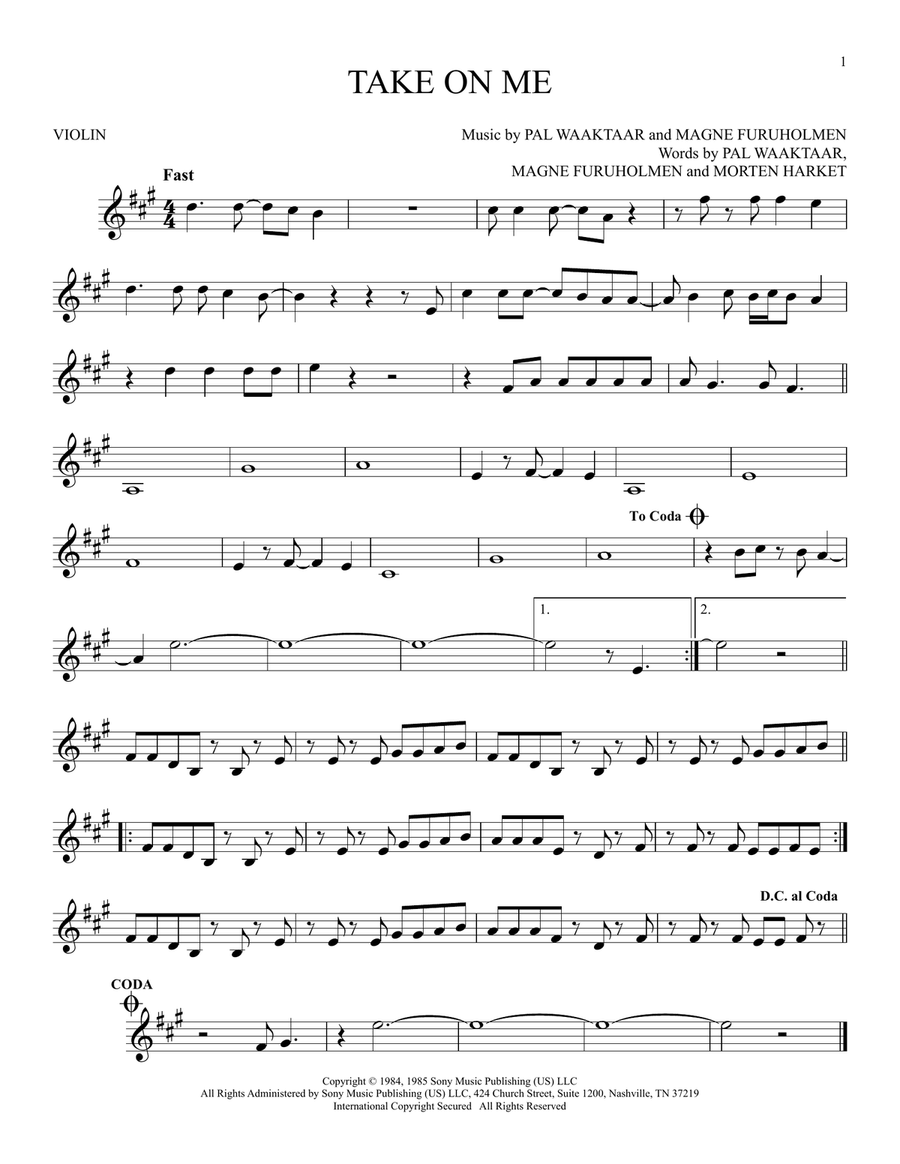 Take On Me Take On Me Violin Solo scores gallery preview page 1