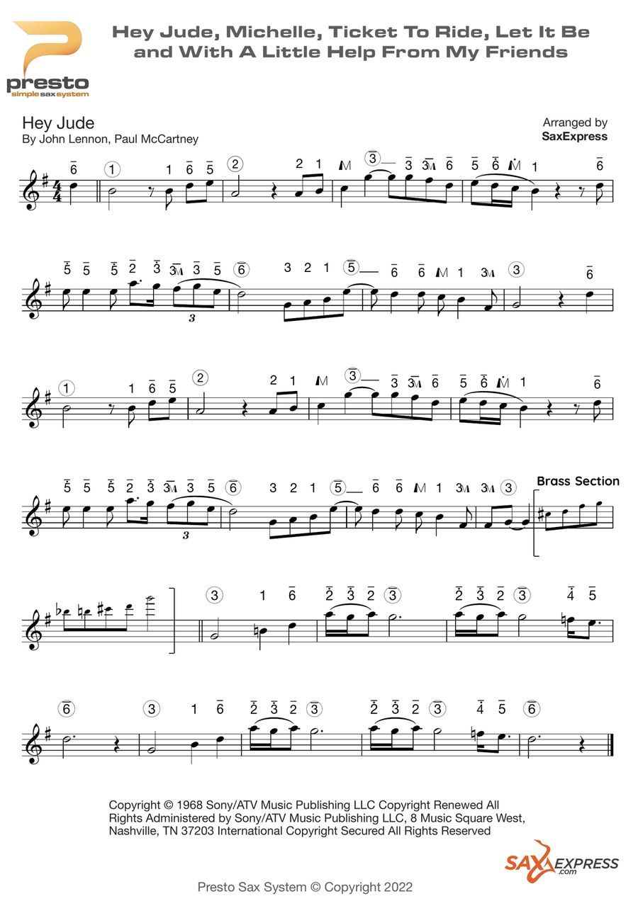 Medley: Hey Jude with Michelle, Ticket To Ride, Let It Be, and With A Little Help From My Friends Saxophone scores gallery preview page 1