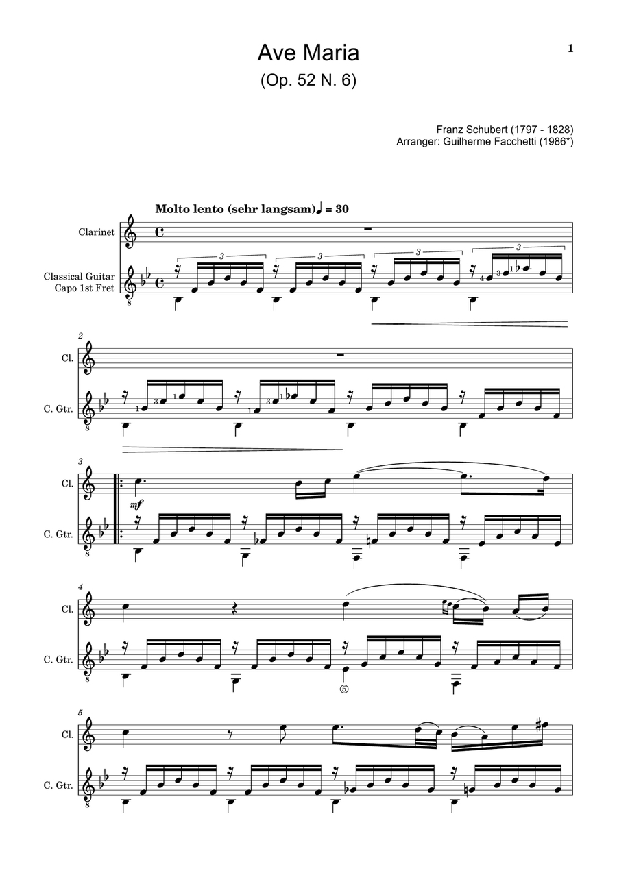 Ave Maria by F. Schubert – Arranged for Clarinet and Guitar Chamber Music scores gallery preview page 1