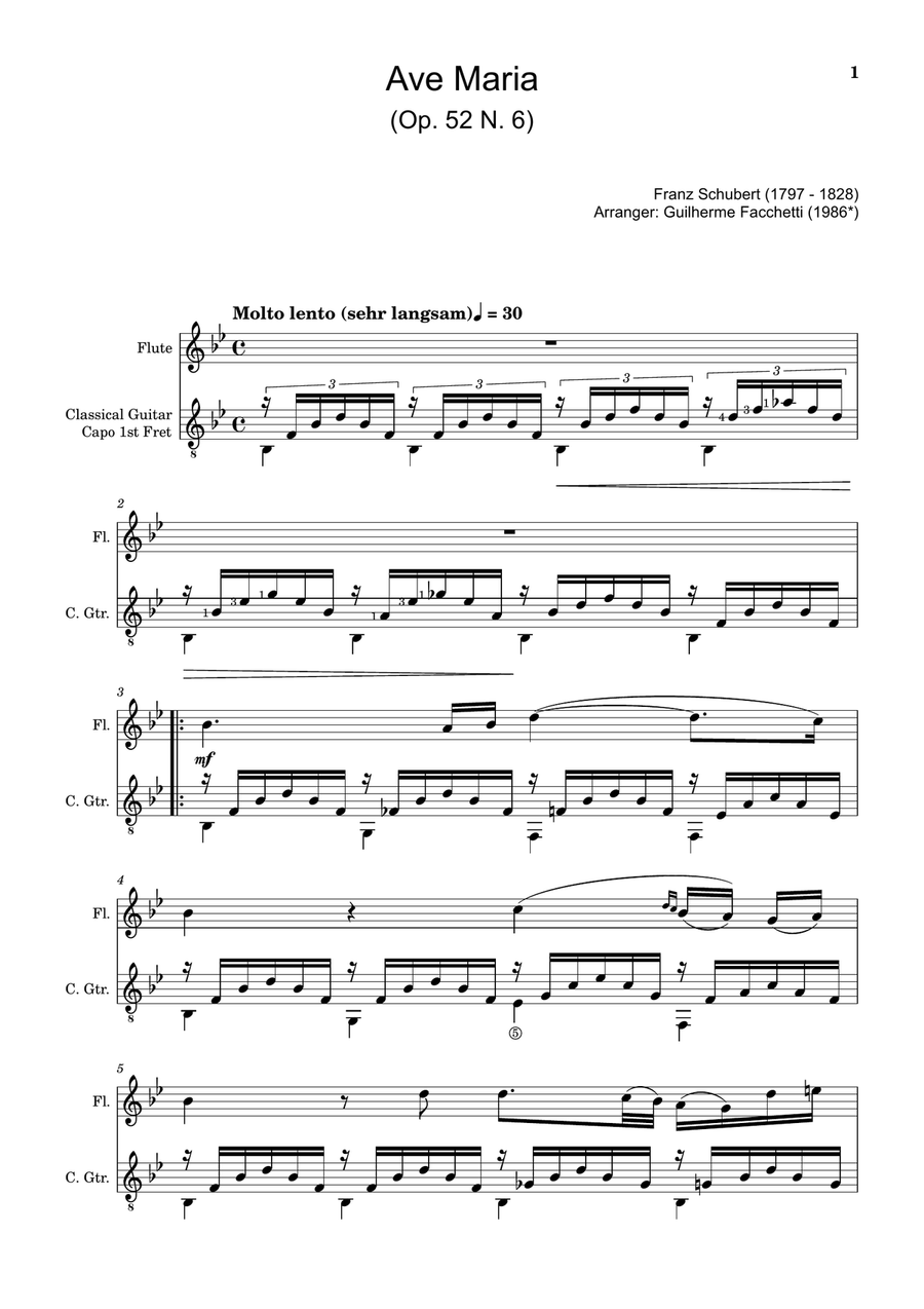 Ave Maria by F. Schubert – Arranged for Flute and Guitar Chamber Music scores gallery preview page 1