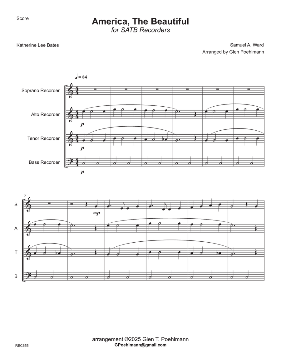 AMERICA, THE BEAUTIFUL - SATB Recorder Ensemble (Grade 3+) Soprano Recorder scores gallery preview page 1