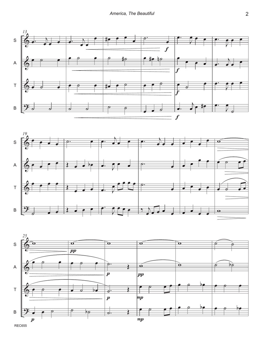AMERICA, THE BEAUTIFUL - SATB Recorder Ensemble (Grade 3+) Soprano Recorder scores gallery preview page 2