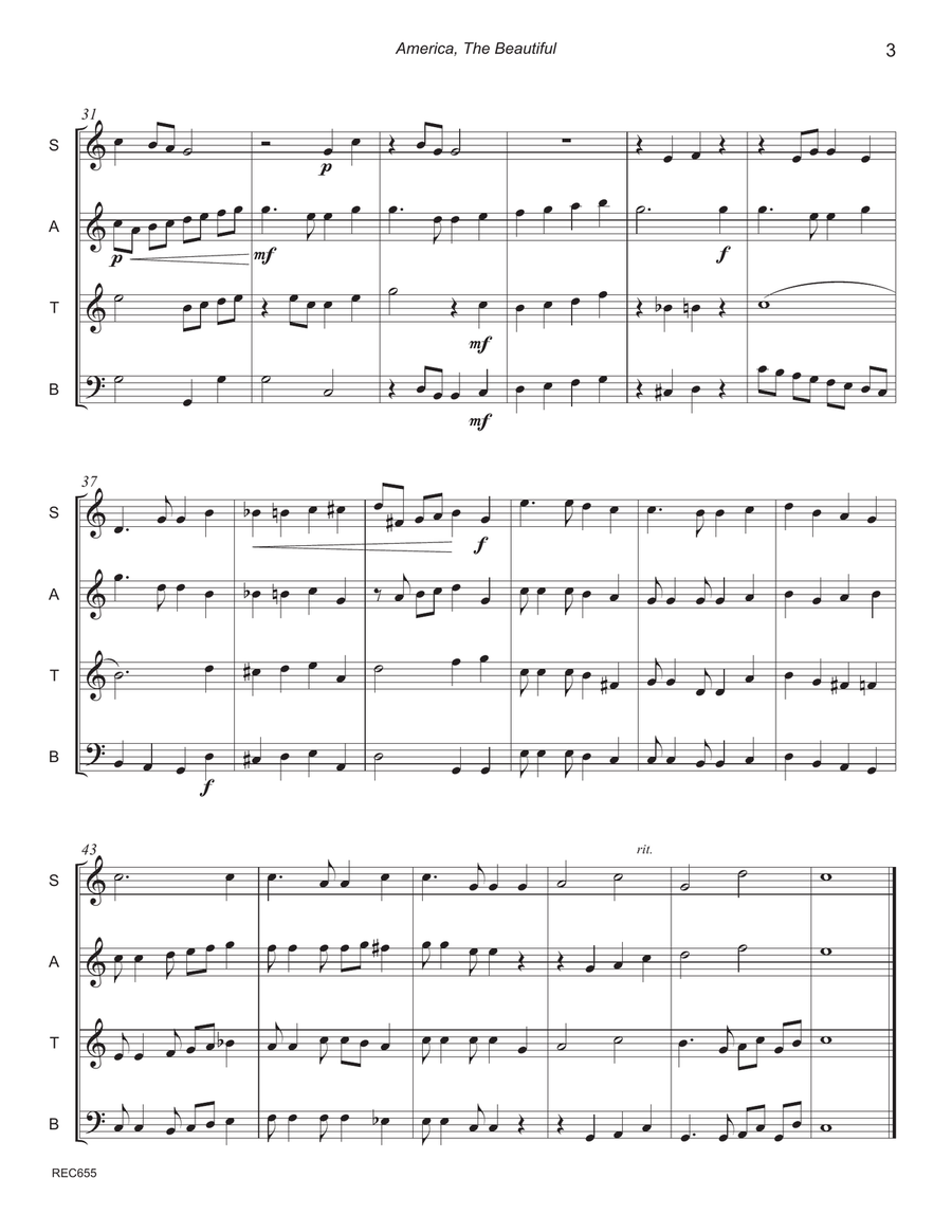 AMERICA, THE BEAUTIFUL - SATB Recorder Ensemble (Grade 3+) Soprano Recorder scores gallery preview page 3