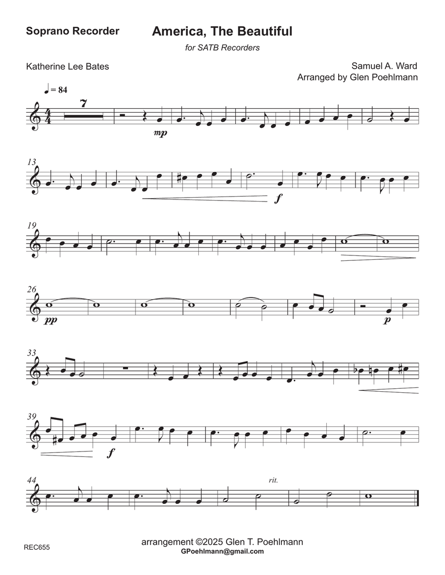 AMERICA, THE BEAUTIFUL - SATB Recorder Ensemble (Grade 3+) Soprano Recorder scores gallery preview page 4