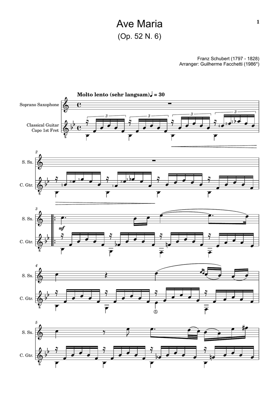 Ave Maria by F. Schubert – Arranged for S. Sax and Guitar Chamber Music scores gallery preview page 1