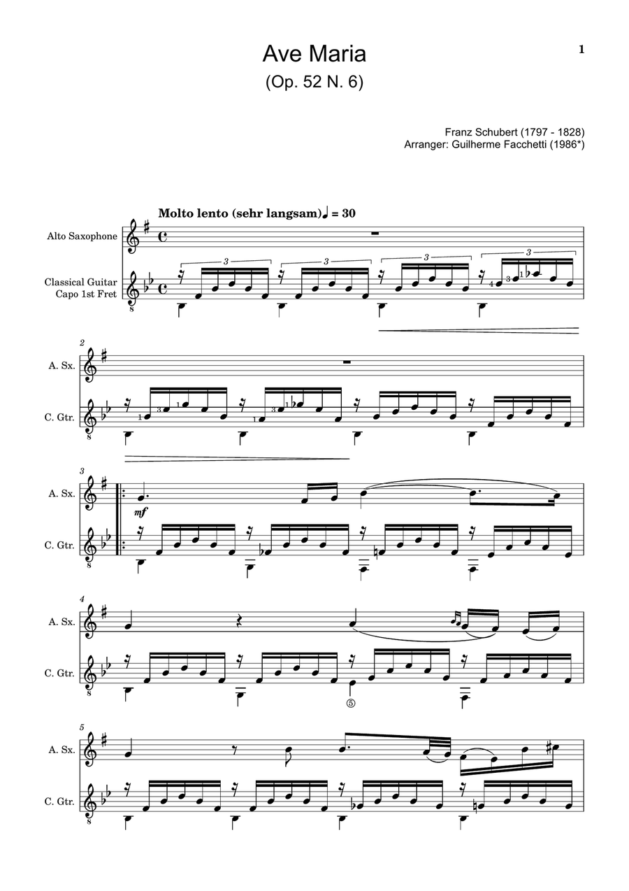Ave Maria by F. Schubert – Arranged for A. Sax and Guitar Chamber Music scores gallery preview page 1