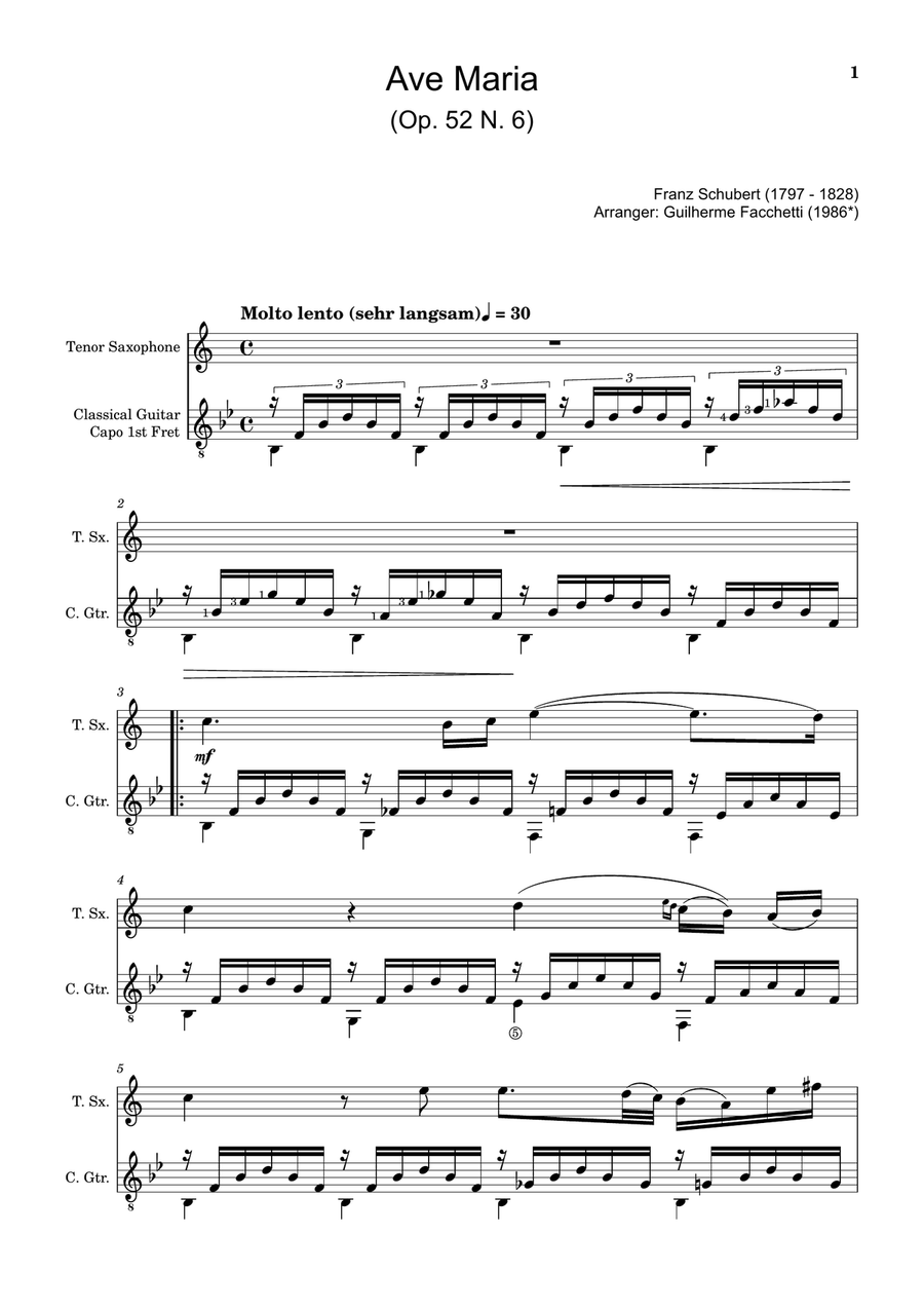 Ave Maria by F. Schubert – Arranged for T. Sax and Guitar Chamber Music scores gallery preview page 1