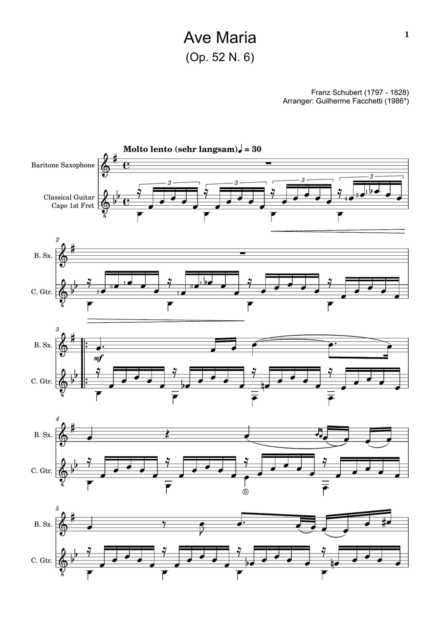 Ave Maria by F. Schubert – Arranged for B. Sax and Guitar Chamber Music scores gallery preview page 1
