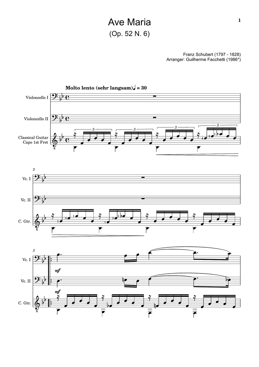 Ave Maria by F. Schubert – Cello Duet and Guitar. Score and Parts String Duet scores gallery preview page 1