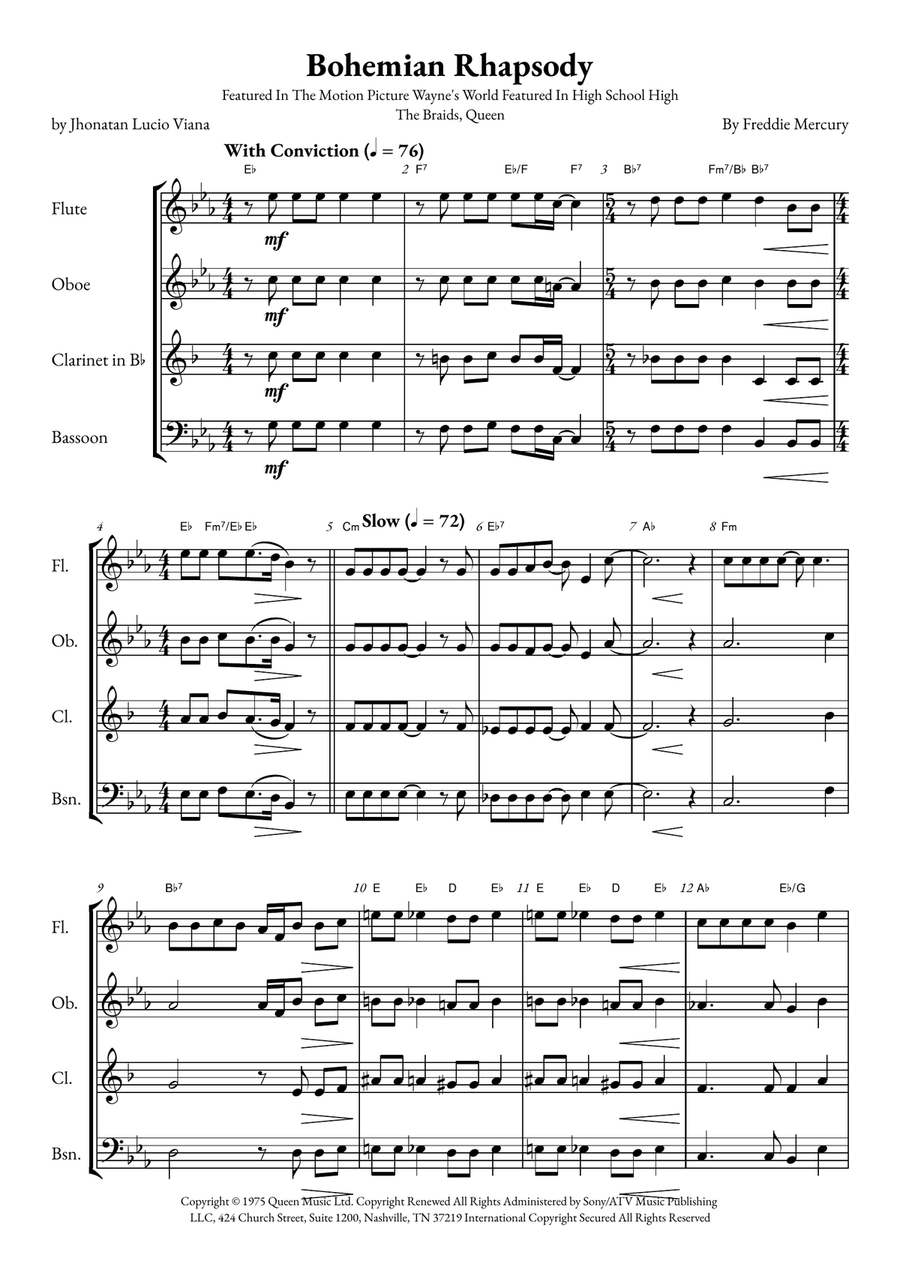 Bohemian Rhapsody Woodwind Quartet scores gallery preview page 1