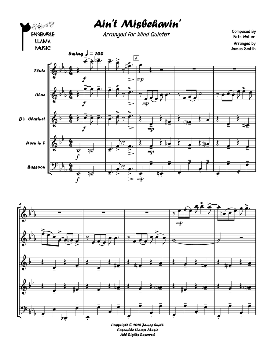 Ain't Misbehavin' (Fats Waller) For Wind Quintet Woodwind Quintet scores gallery preview page 1