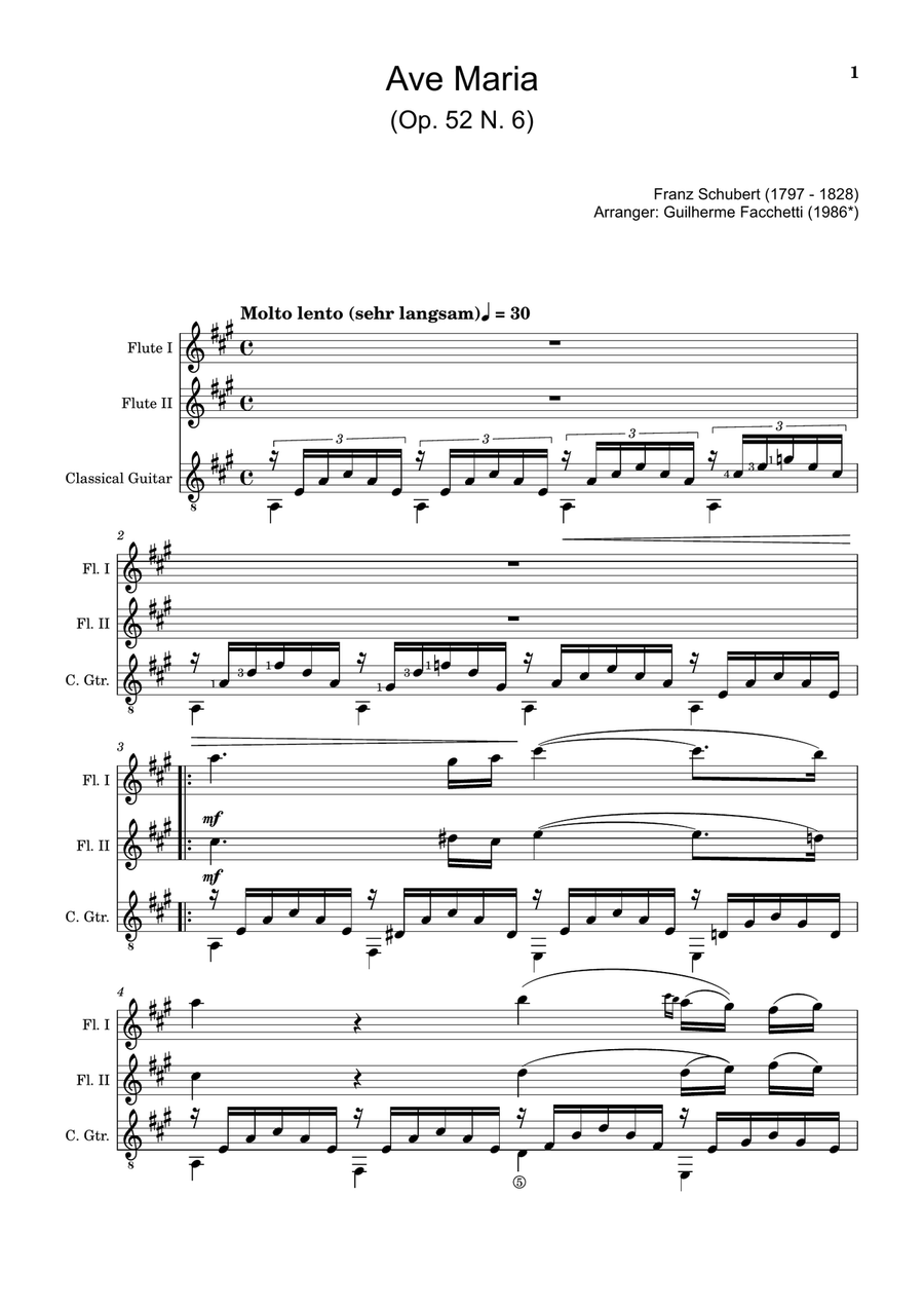 Ave Maria by F. Schubert – Flute Duet and Guitar. Score and Parts Small Ensemble scores gallery preview page 1