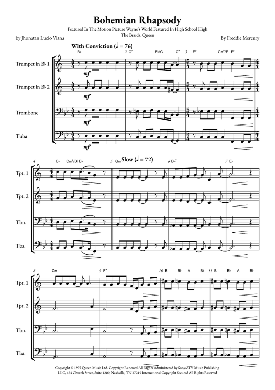 Bohemian Rhapsody Brass Quartet scores gallery preview page 1