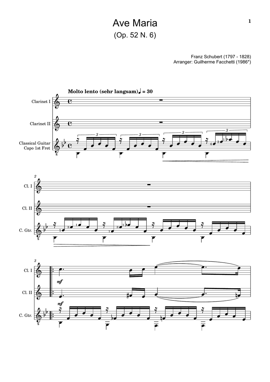 Ave Maria by F. Schubert – Clarinet Duet and Guitar. Score and Parts Clarinet Duet scores gallery preview page 1