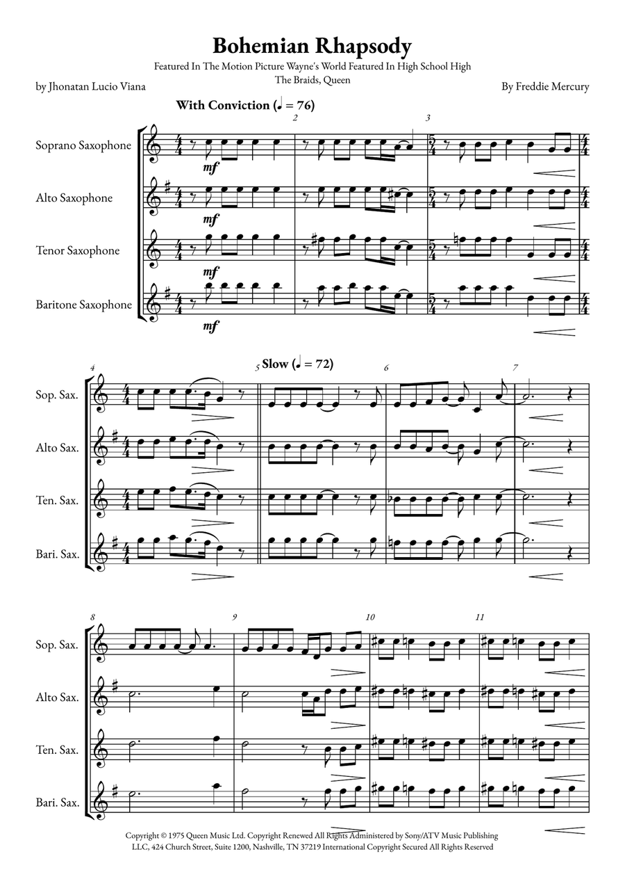 Bohemian Rhapsody Saxophone Quartet scores gallery preview page 1