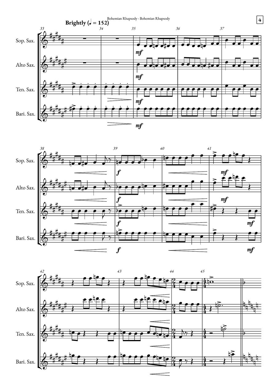 Bohemian Rhapsody Saxophone Quartet scores gallery preview page 4