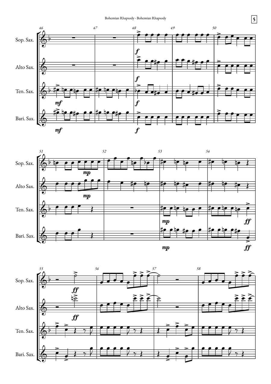 Bohemian Rhapsody Saxophone Quartet scores gallery preview page 5