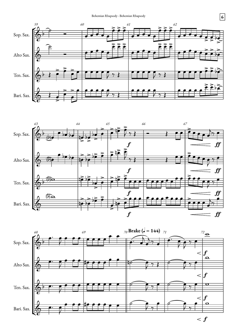 Bohemian Rhapsody Saxophone Quartet scores gallery preview page 6