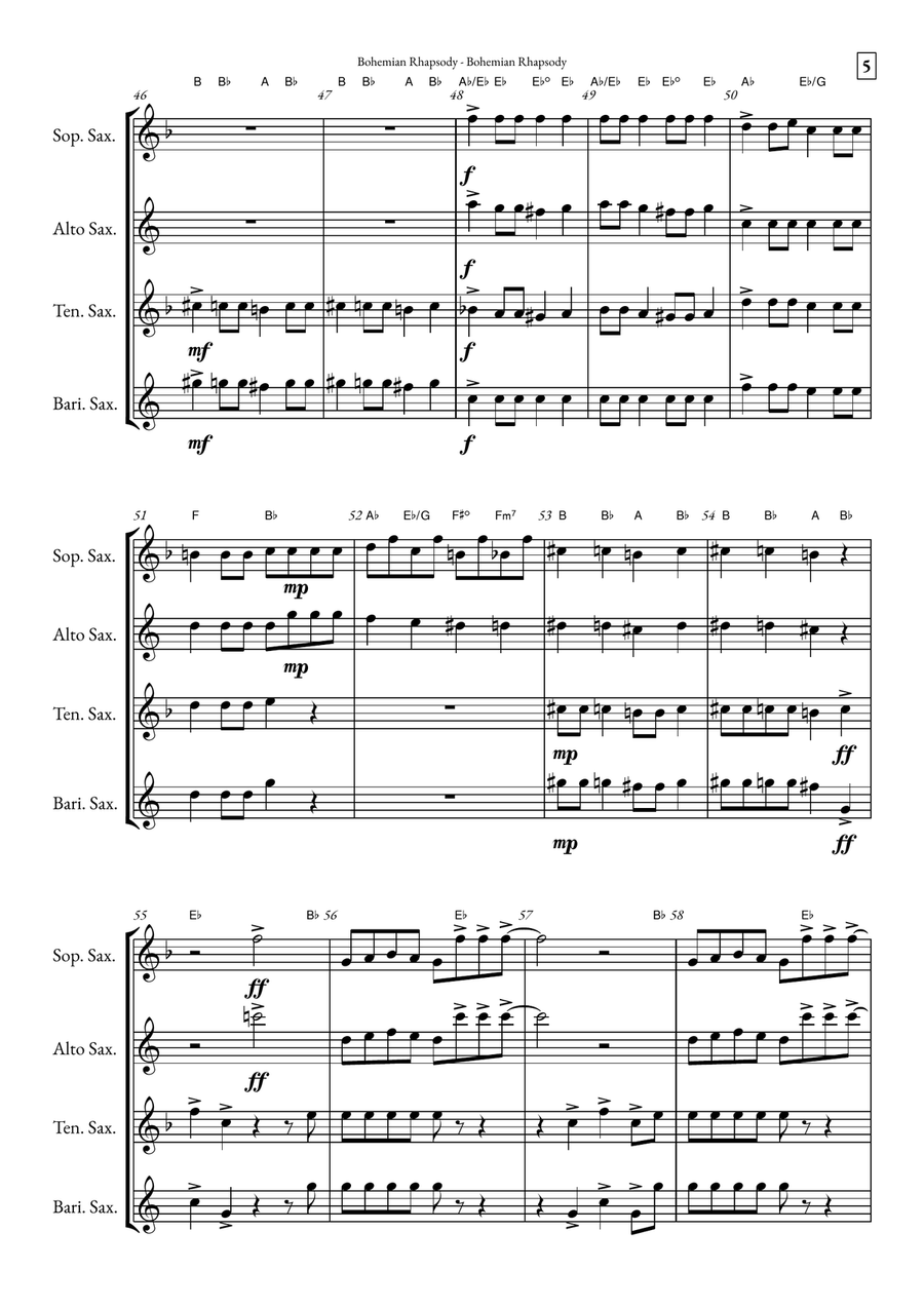 Bohemian Rhapsody Saxophone Quartet scores gallery preview page 5
