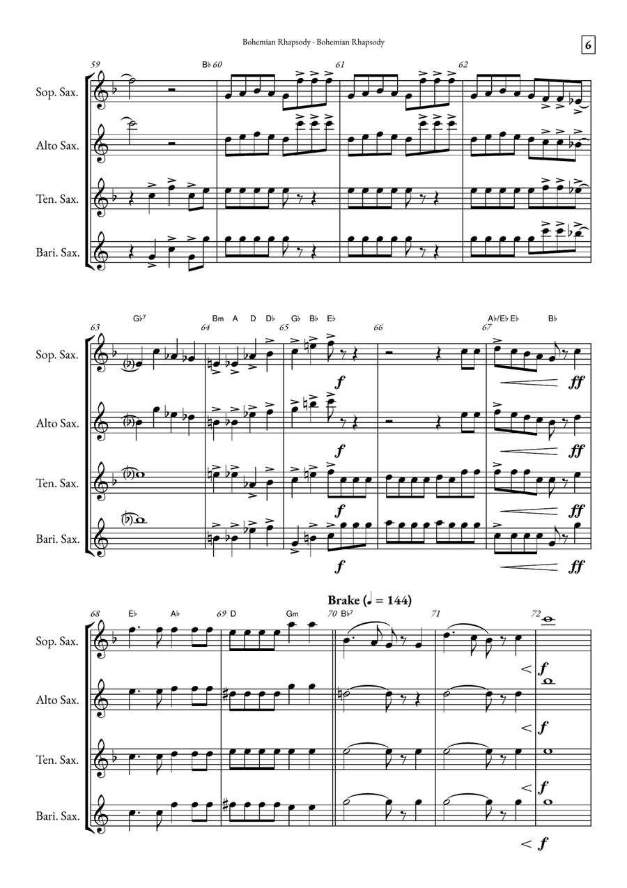 Bohemian Rhapsody Saxophone Quartet scores gallery preview page 6