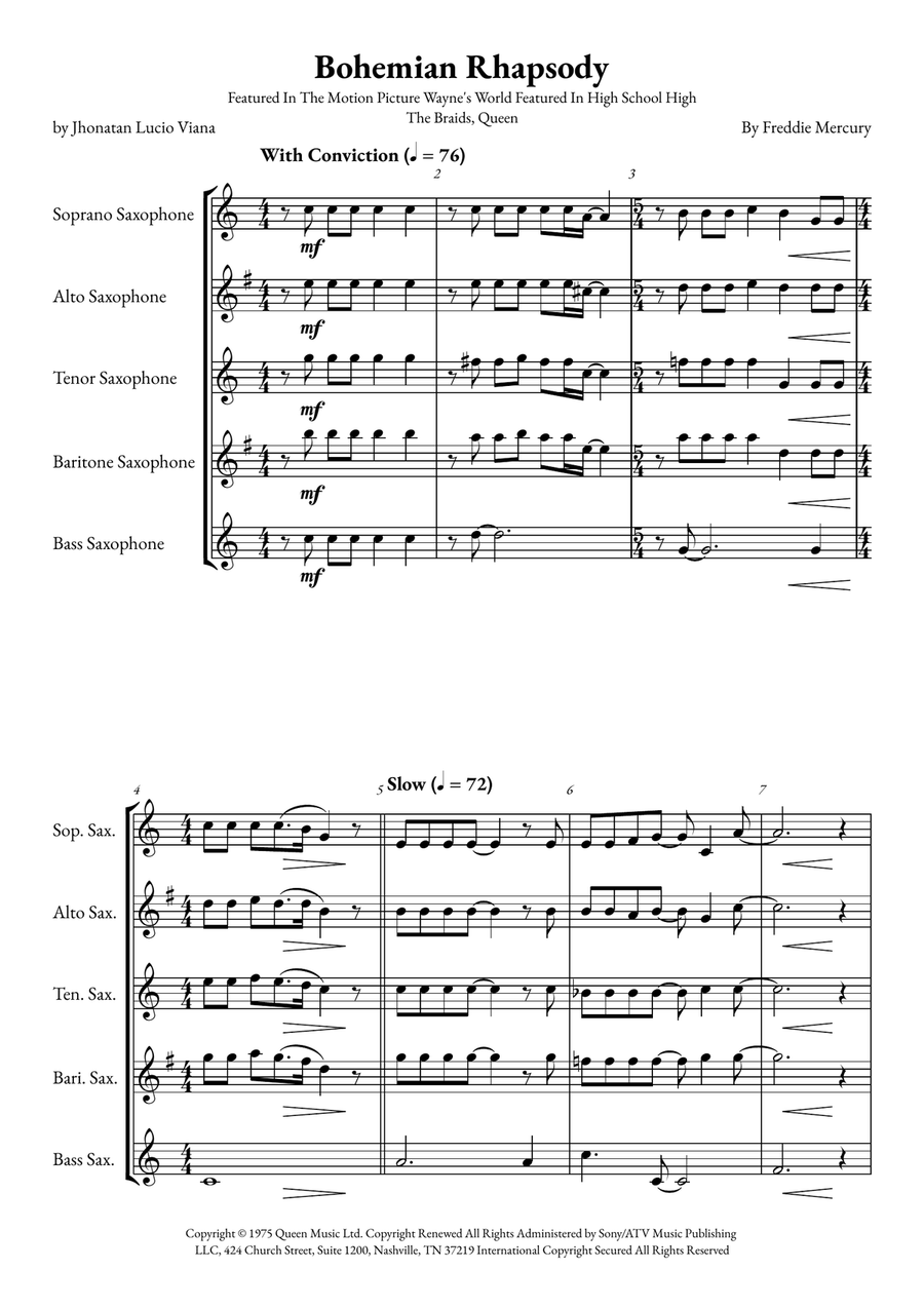 Bohemian Rhapsody Saxophone Quintet scores gallery preview page 1