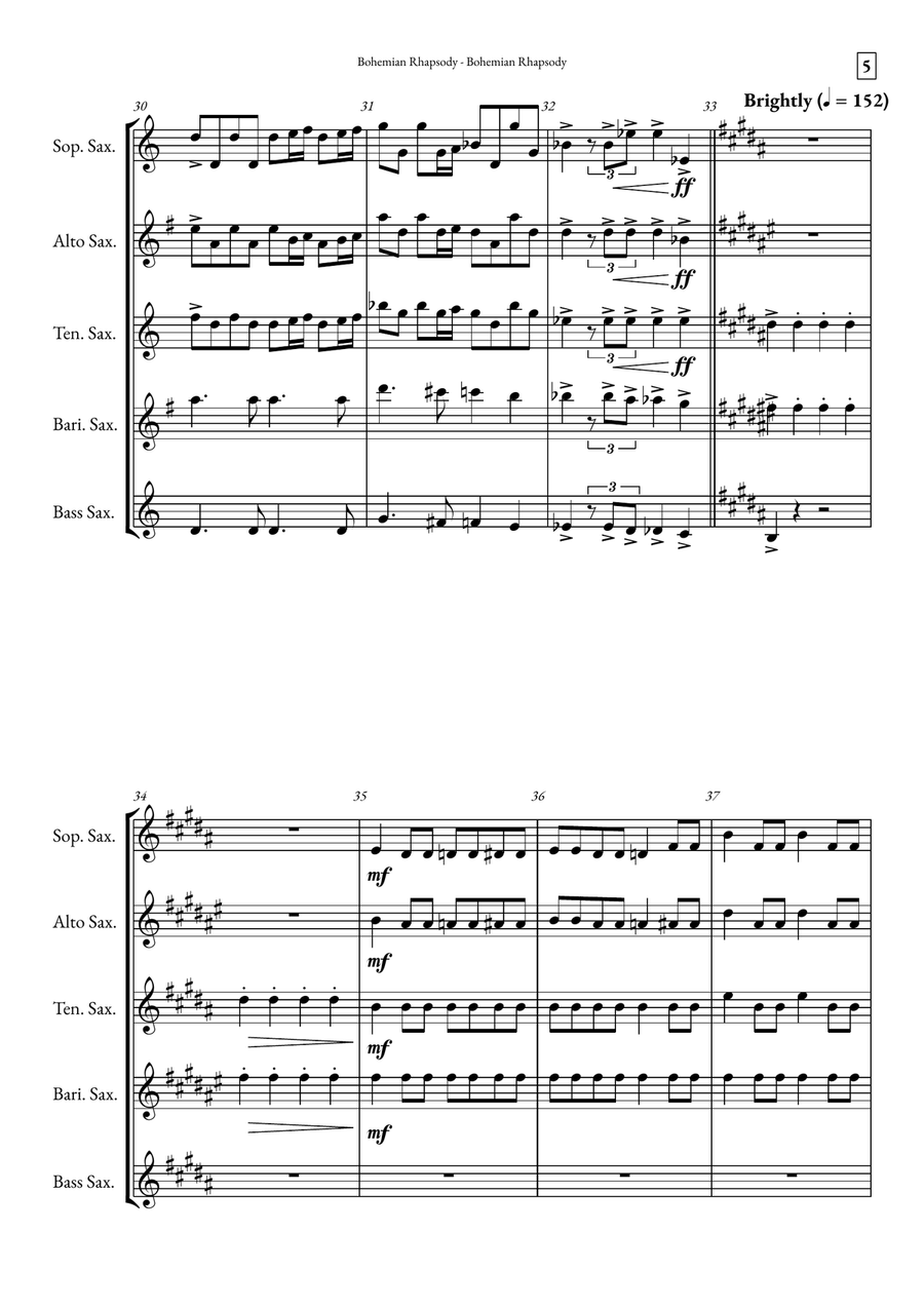 Bohemian Rhapsody Saxophone Quintet scores gallery preview page 5