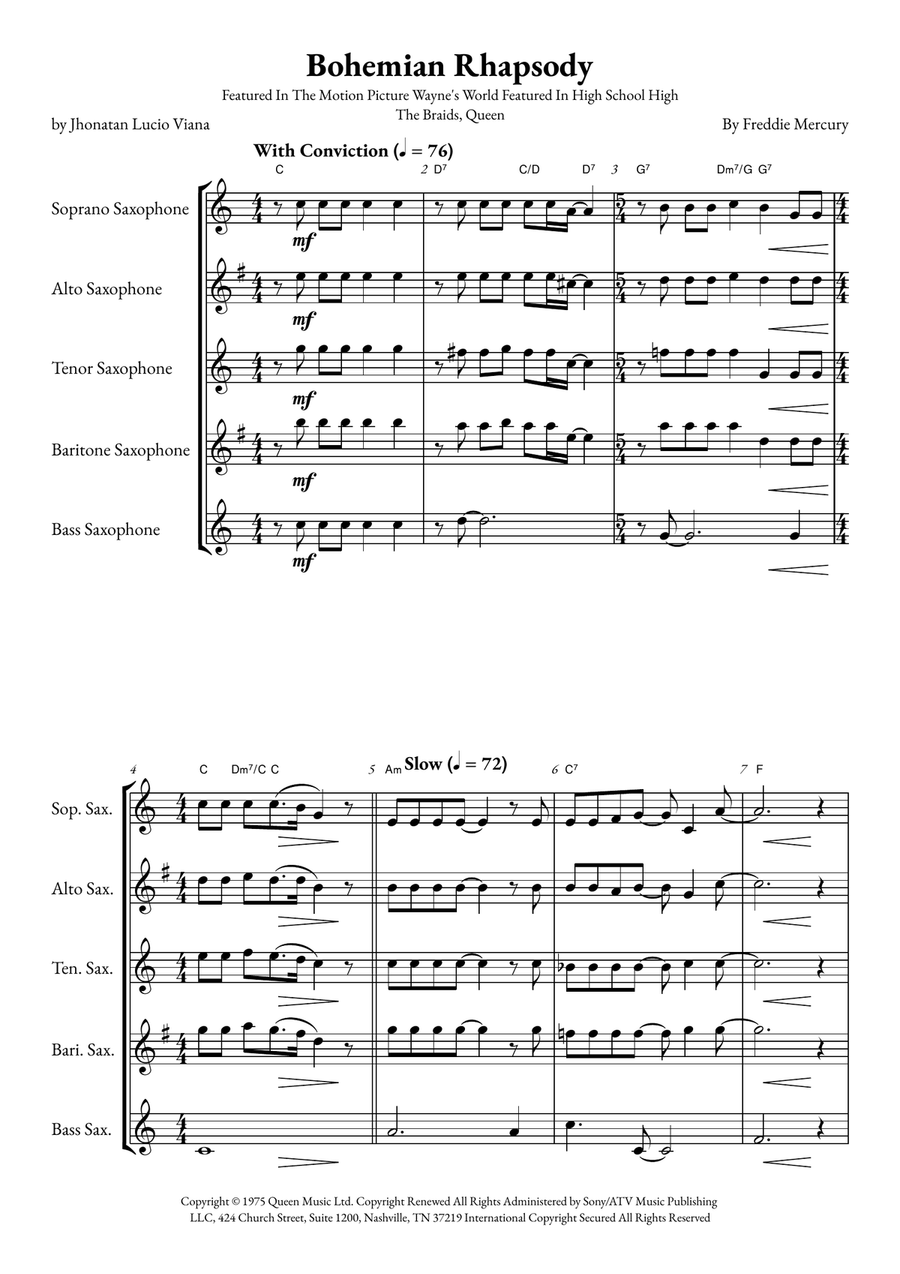 Bohemian Rhapsody Saxophone Quintet scores gallery preview page 1