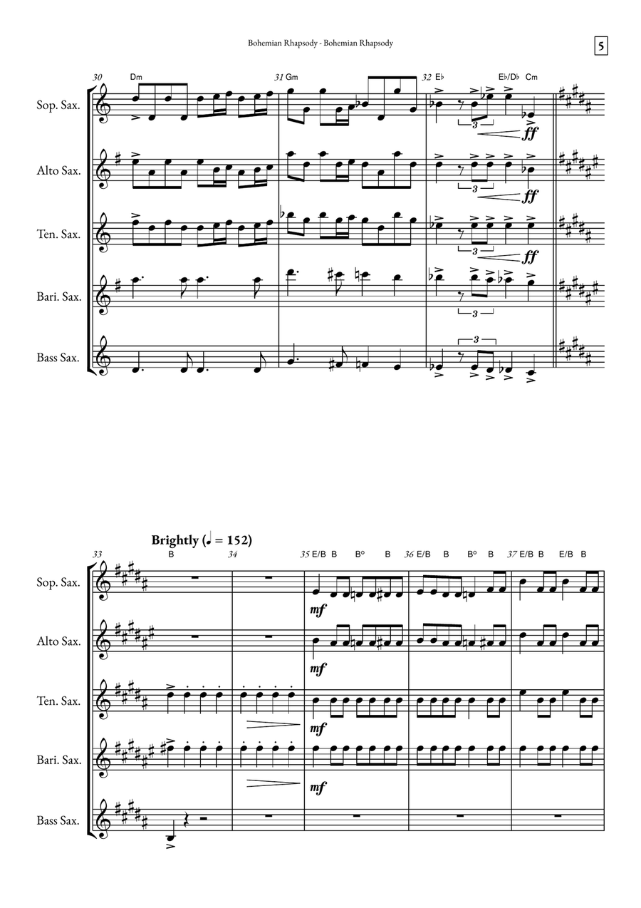 Bohemian Rhapsody Saxophone Quintet scores gallery preview page 5