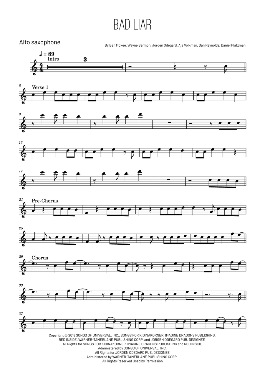 Bad Liar Bad Liar Alto Saxophone scores gallery preview page 1