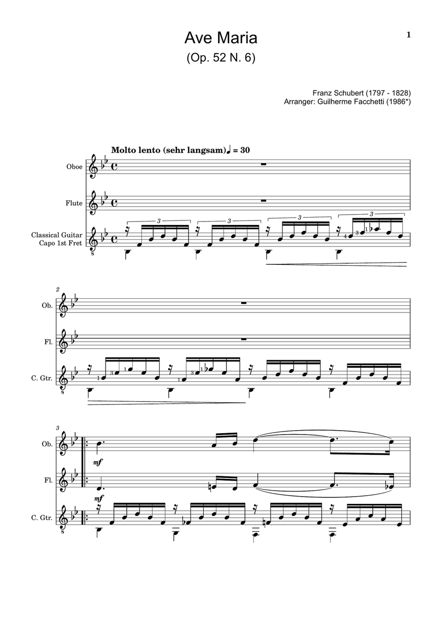 Ave Maria by F. Schubert – Arranged for Flute, Oboe and Guitar Small Ensemble scores gallery preview page 1