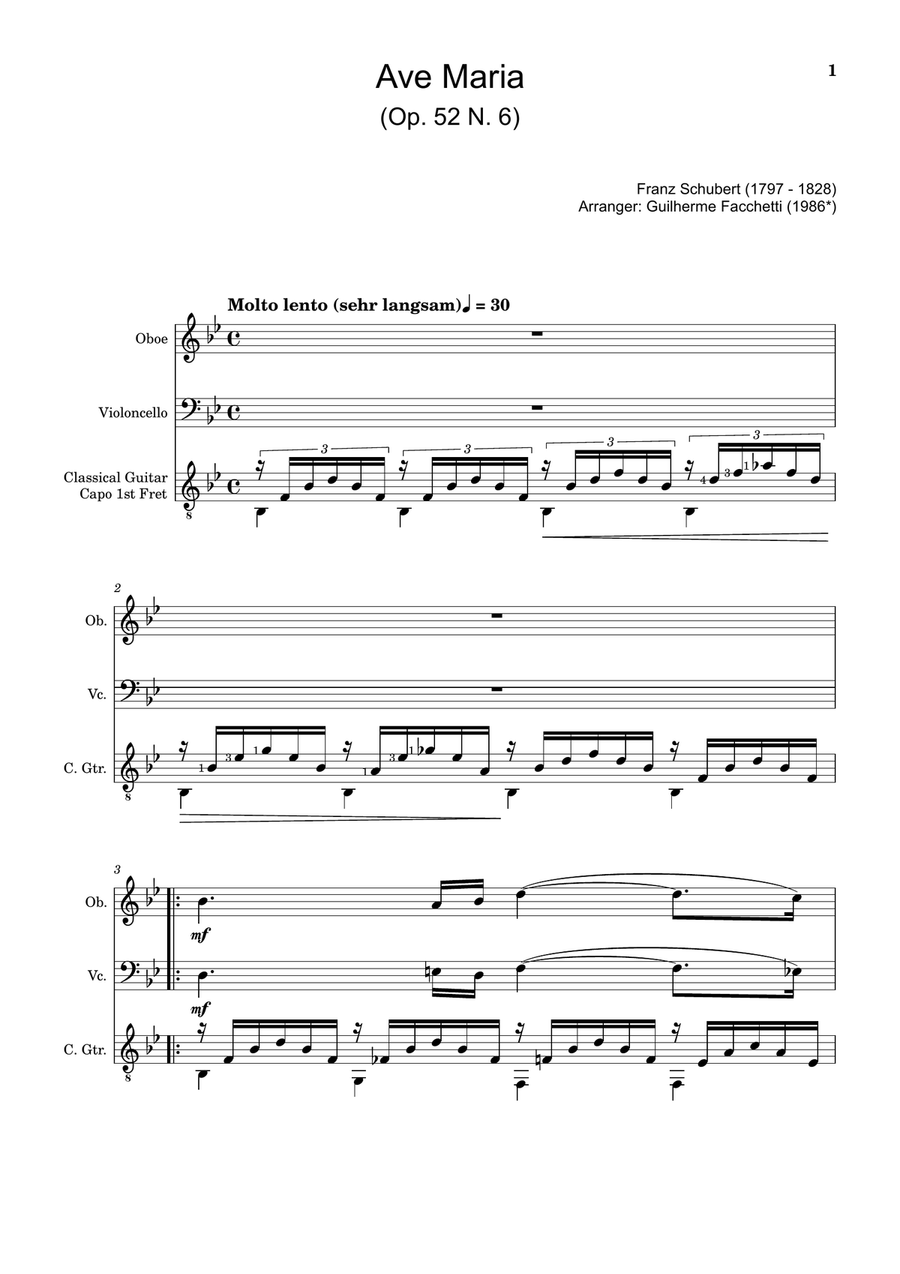 Ave Maria by F. Schubert – Arranged for Oboe, Cello and Guitar Small Ensemble scores gallery preview page 1